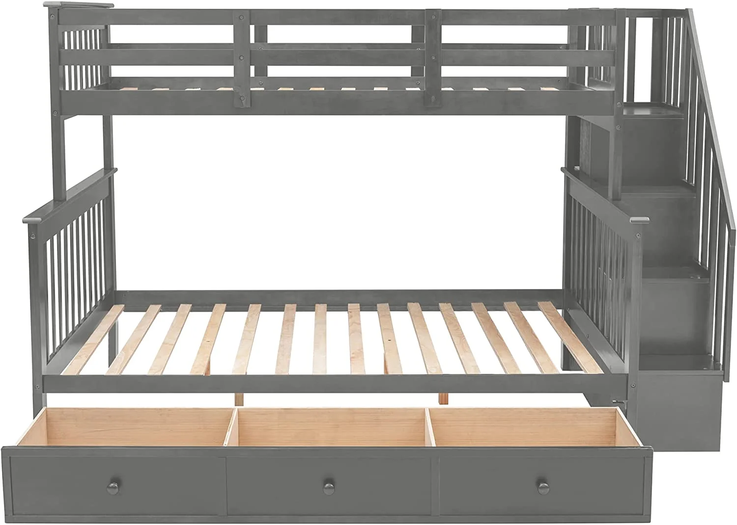 Over Full Bunk Bed With Stairs And Storage Drawers, Hardwood Stairway Bunk Bed Frame For Kids Teens Adults, Bedroom, Dorm - Gray