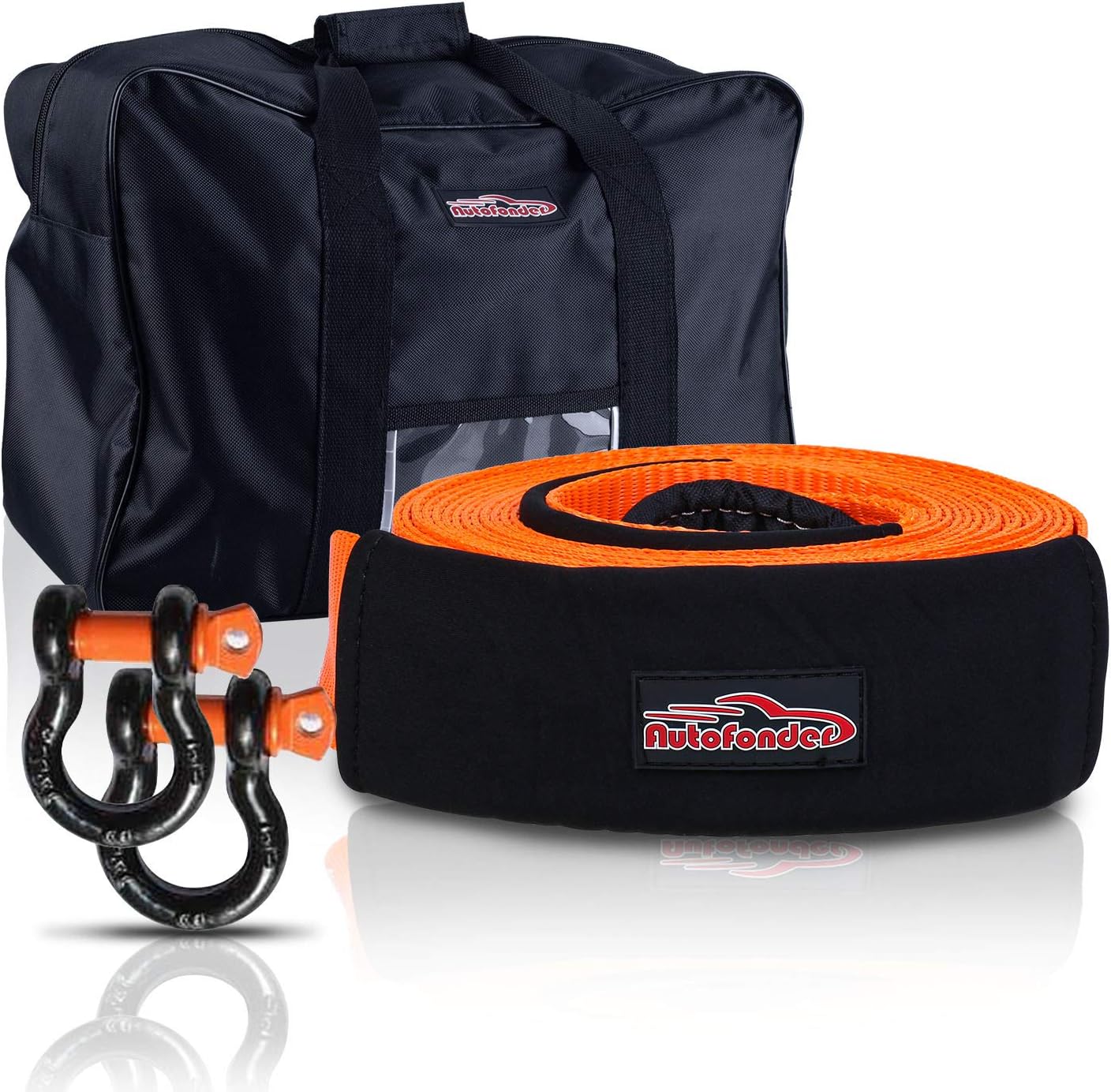 Autofonder Heavy Duty Tow Strap 12T Recovery Kit: 4WD Tow Strap + 3/4 Bow Shackle (2pcs) + Storage Bag (20ft)