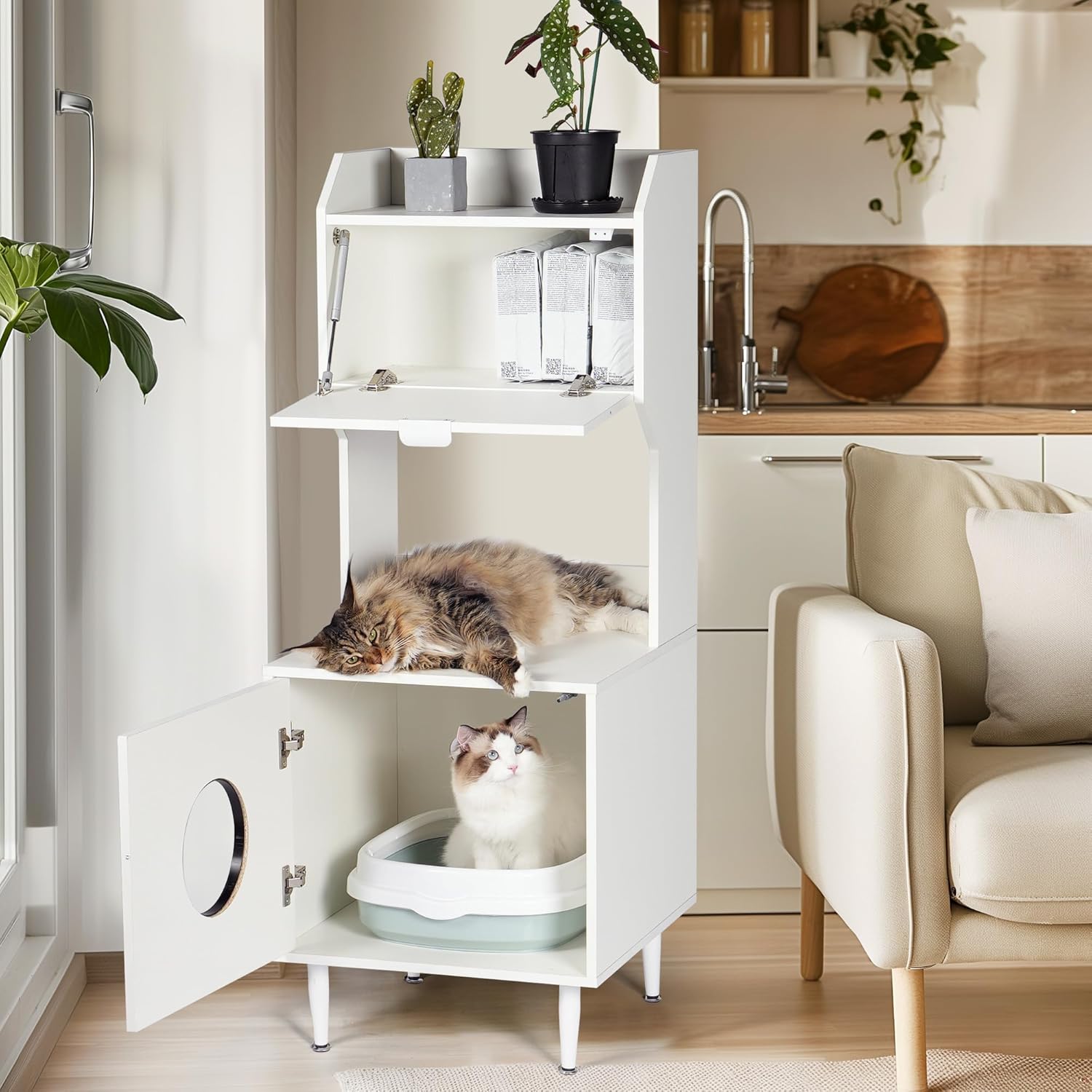 Litter Box Enclosure with Storage Shelves and Cabinet, White Wooden Hidden Cat Litter Box Furniture Industrial Indoor Cat House Washroom Pet Crate,Anti Tipping Design,Suitable for All Cats