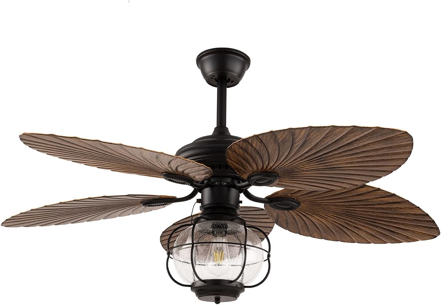 Tropical Ceiling Fans with Light 52 Inch Palm Leaf Ceiling Fan 5 ABS Palm Blades Glass Lampshade Chandelier Lighting Fixture 3-Speed Changes w/Remote Reversible for Kitchen Bedroom Living Room