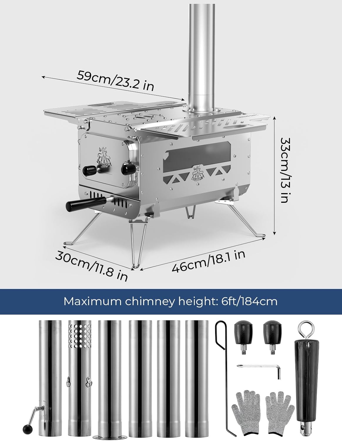 DEERFAMY Tent Stove, Portable Hot Tent Stove, Small Stainless Steel Camping Tent Stove with 6 Chimney Pipes for Outdoor Heating and Cooking