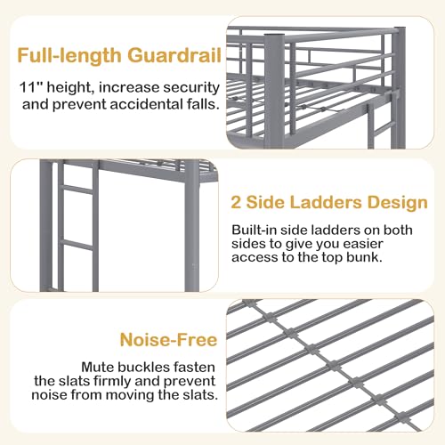 VECELO Metal Loft Bed Twin Size, Heavy Duty Bedframe with Removable Ladder and Safety Guardrail, Space-Saving, Noise Free, No Box Spring Needed, Off White