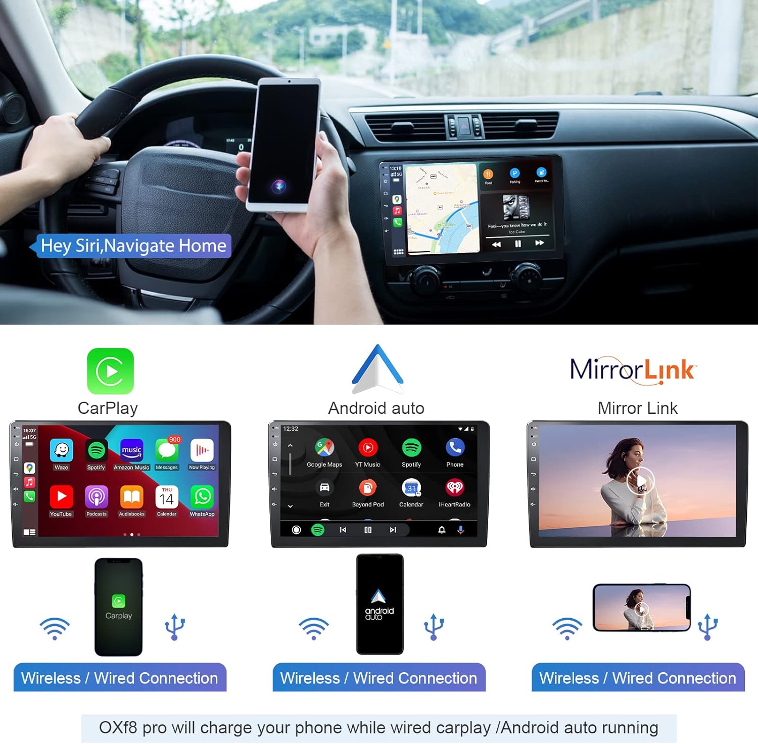 Double din Car Stereo Built in Wi-Fi for Wireless CarPlay Android Auto Mirror Link, 10.1 IPS Touchscreen Car Radio, Head Unit Support Bluetooth 5.0 AHD Backup Camera USB RDS Mic SWC AOLVO OXf8