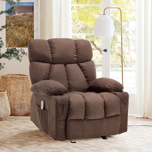 Massage Rocker Recliner Chair with Heat and Vibration Ergonomic Rocking Lounge Chair for Living Room Comfy Overstuffed Recliner with 4 Side Pockets,2 Cup Holders, USB Charge Port, Grey