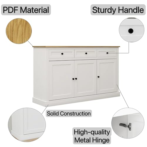 Buffet Cabinet Storage Sideboard Farmhouse Server Bar Wine Cabinet with 3 Drawers & 3 Doors Adjustable Shelves for Dining Living Room White