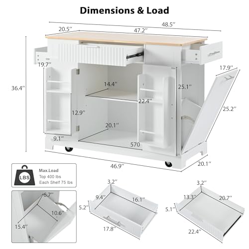60" Kitchen Island with Drop Leaf and Power Outlet, Rolling Kitchen Cart on Wheels with Trash Can Storage Cabinet, Spice Rack, Towel Rack and Adjustable Shelf for Dining Room