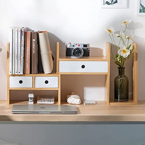 Bookcase Bamboo Desktop Bookshelf with Drawer Expandable Desk Organizer Multifunctional Display Shelf Rack for Office and Home High Capacity, 77*35cm