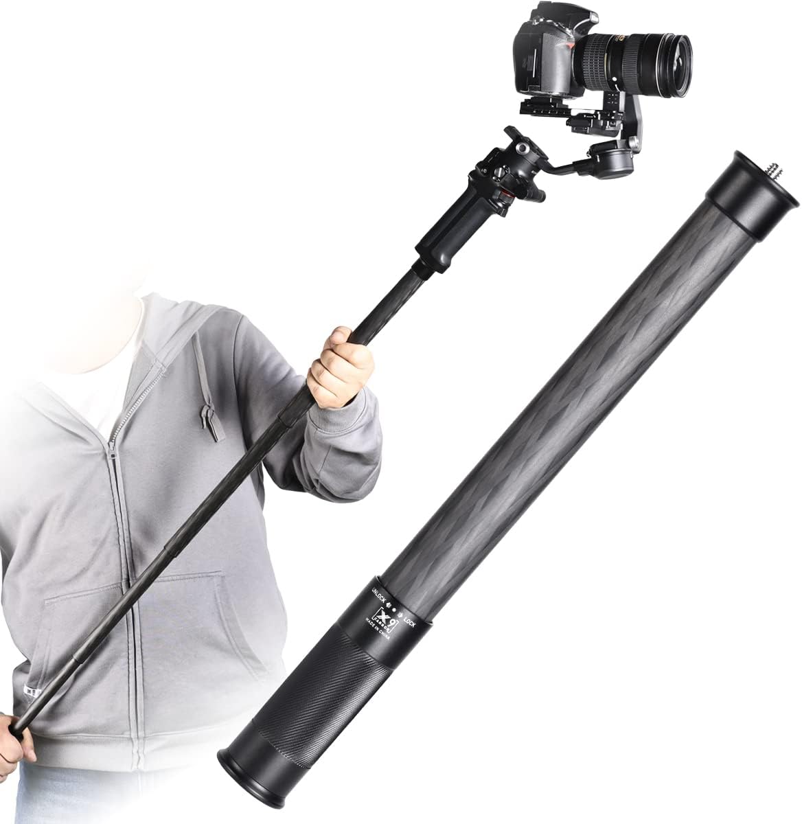Carbon Fiber Extension Pole,Fast Twisting Lock 4 Section Tube,1/4 Screw Mount Compatible with Camera Phone Gimbal Video Stablizer,Lightweight Camera Stick for Photography