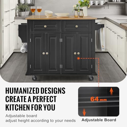 VEVOR Kitchen Island Cart with Solid Wood Top, 35.4" Width Mobile Carts with Storage Cabinet, Rolling Kitchen Table with Spice Rack, Towel Rack, and Drawer, Portable Islands on Wheels, White