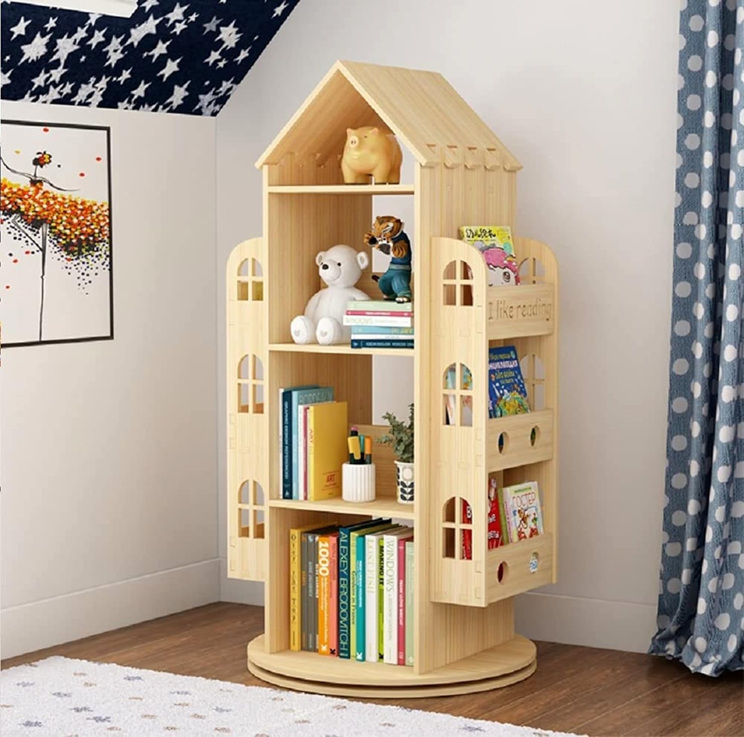 4-Tier Rotating House-Shaped Bookshelf, 360° Solid Wood Rotating Stackable Shelves Bookshelf Organizer for Home Bedroom Office_Intexca