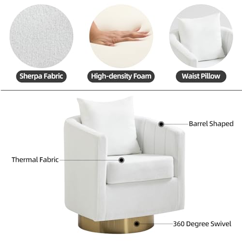 Barrel Accent Chairs Set of 2, Modern 360 Degree Swivel Armchair with Waist Pillow for Living Room, Comfy Upholstered Teddy Fabric Club Chair for Bedroom, White