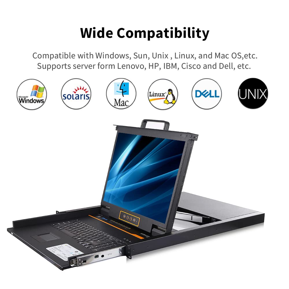 8 Port Rackmount KVM Console with 19 LCD Monitor,VGA KVM Console w/Cables,1U,1280×1024@60Hz