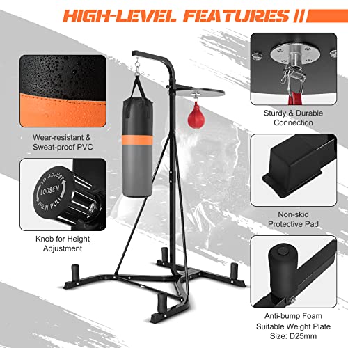 GYMAX Punching Bag with Stand Adult, Freestanding Boxing Machine with Height Adjustable Speed Ball & Sandbag, Pre Filled Heavy Punching Bag for Adults, Kickboxing Bag for Training MMA Muay Thai