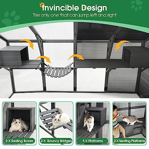 Lovinouse 71 Inch Large Outdoor Cat House, Waterproof Wooden Cats Catio Cat Cage Enclosure with Large Door, Platform and Small House