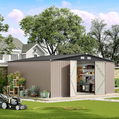 Aoxun 10 x 12FT Outdoor Storage Shed with Double Hinged Large Door Utility Garden Shed with Lockable Door & Sloped Roof Metal Sheds Outdoor Storage for Garden, Backyard, Patio and Backyard, Brown