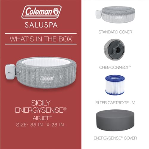 Bestway Coleman Sicily AirJet Large Round 5 to 7 Person Inflatable Hot Tub Portable Outdoor Spa with 180 AirJets and EnergySense Cover, Grey