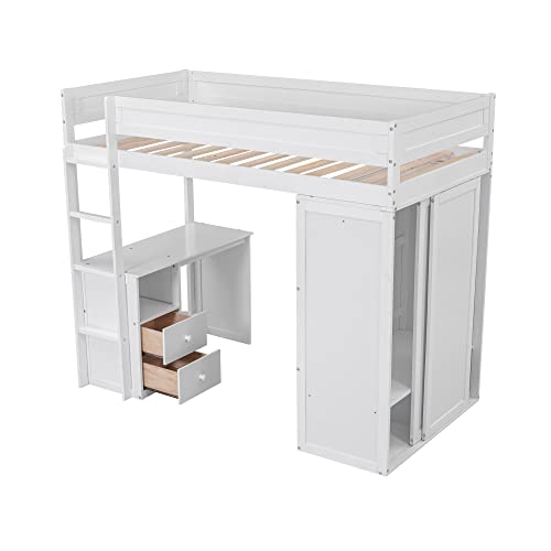 Full Size Loft Bed with Storage Wardrobe and Desk Wooden Loft Beds Frame with Drawers and Cabinet Wood High Loft Beds with Ladder for Kids Teens Adults, White