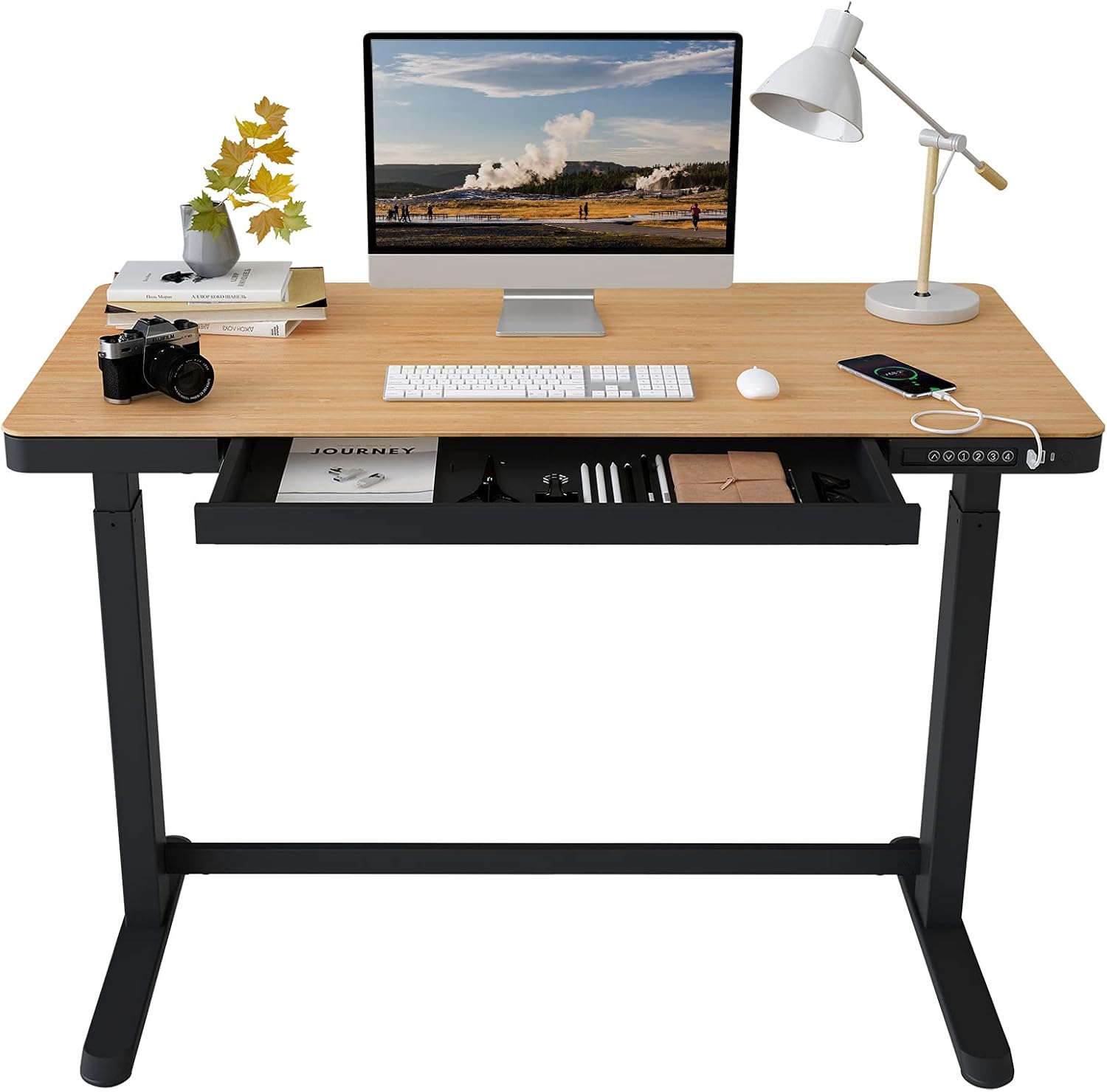 FLEXISPOT EW8 Electric Height Adjustable Standing Desk with Drawers 48 Inches Red Oak Desktop and Adjustable White Frame Quick Install Computer Workstation (USB Charging Ports, Memory Controller)