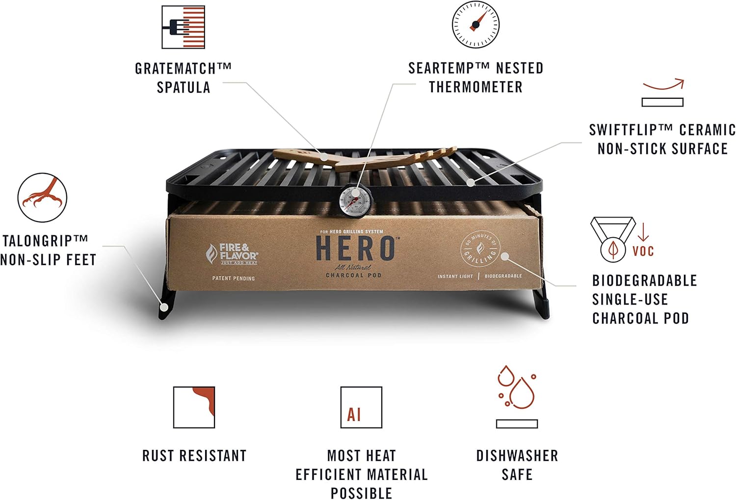 Fire & Flavor Hero System Ultra-Portable Easy Instant Light Charcoal Grilling for Tailgating, Beach RV, Park, Patio, Outdoors with Reusable Eco-Friendly Pod, Bamboo Cutting Board and Carry Case, Multi