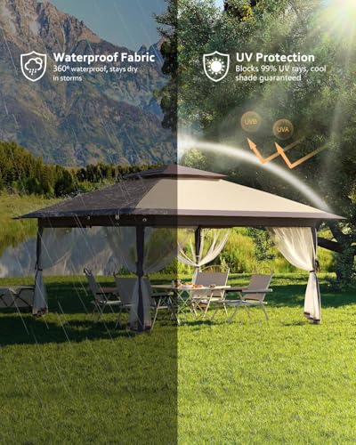 11x11 Pop Up Gazebo Tent with Mosquito Netting, Outdoor Canopy Shelter Easy Setup, Water & UV Resistant - Khaki