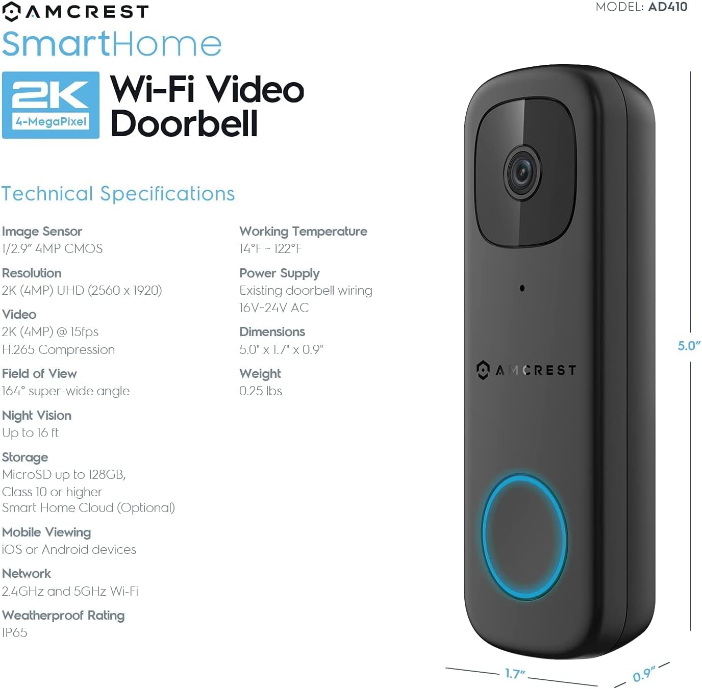 Amcrest 4MP Video Doorbell Camera Pro, Outdoor Smart Home 2.4GHz and 5GHz Wireless WiFi Doorbell Camera, Micro SD Card, AI Human Detection, IP65 Weatherproof, 2-Way Audio, 164o Wide-Angle Wi-Fi AD410