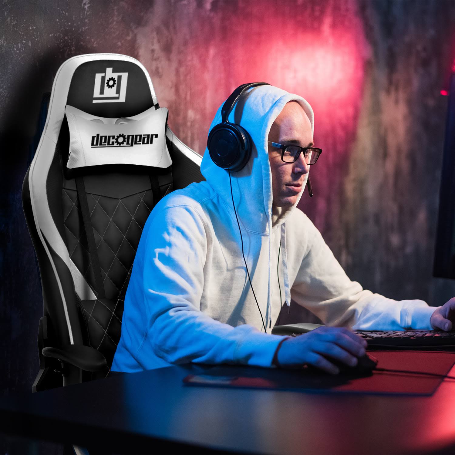 Deco Gear Ergonomic Foam Gaming Chair with Adjustable Head and Lumbar SUPPORT, White