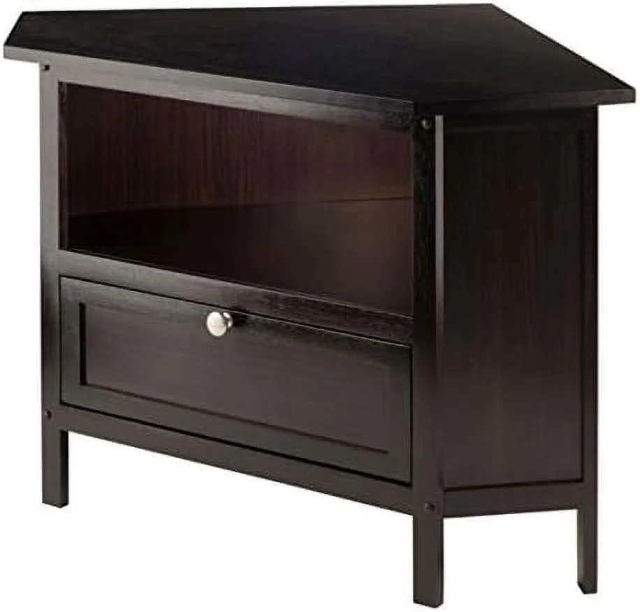 Wood Zena Corner TV Media Stand - Espresso, 27" TV Capacity, Open Shelf & Pull-Down Door, Wire-Access Grommet, Easy Assembly, 34.65" W X 23.94" D X 22.28" H
