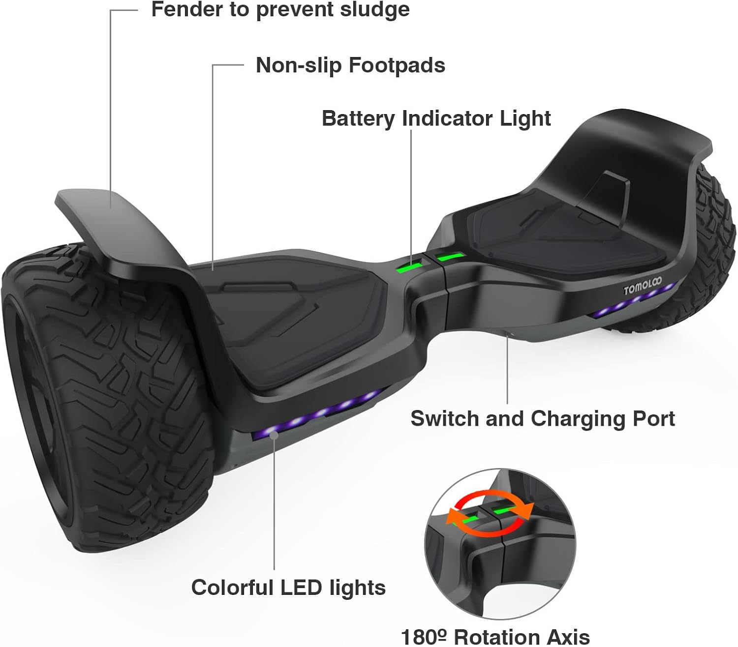 TOMOLOO Hoverboard Off Road with Bluetooth and LED Lights, 8.5'' All Terrain Hoverboards for Kids and Adults with APP Control, UL2272 Certified Self Balancing Hover Board Electric Scooter…