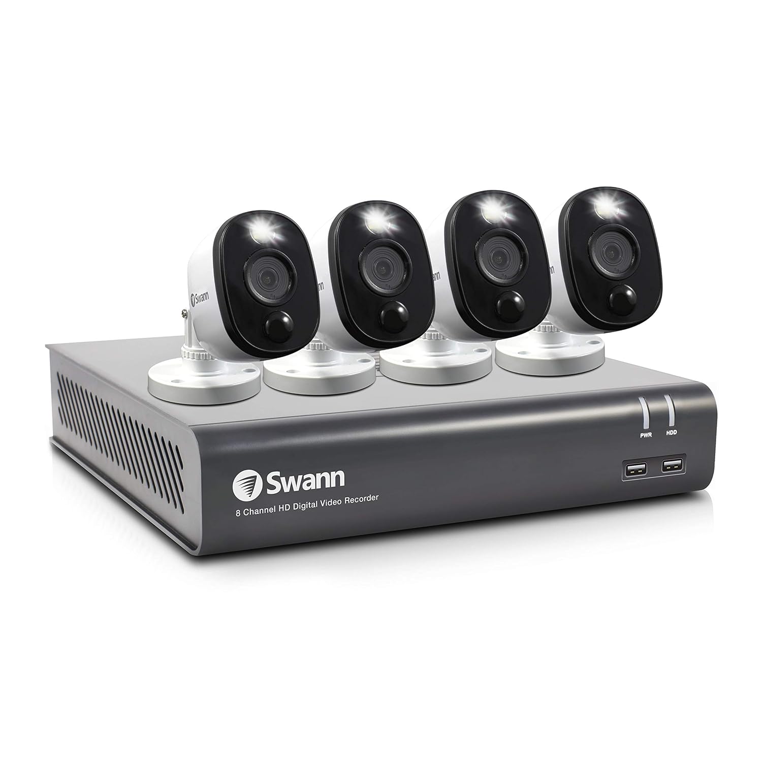 Swann 8 Channel 4 Camera Security System, Wired Surveillance 1080p HD DVR 1TB HDD, Audio Capture, Weatherproof, Color Night Vision, Heat & Motion Sensing Warning Light, Alexa + Google, SWDVK-845804WL