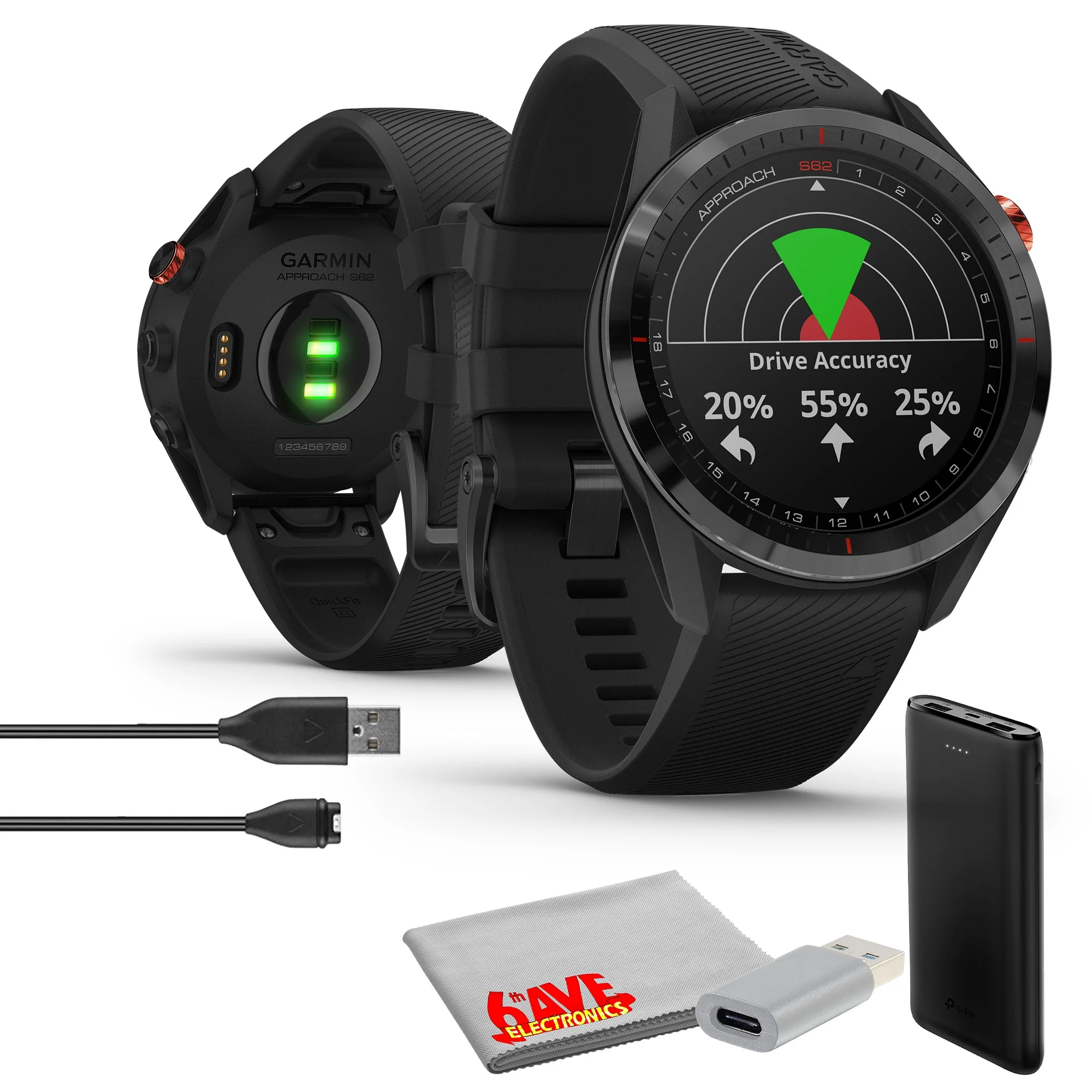 Garmin Approach S62, Premium GPS Golf Watch - Black, Built-in Virtual Caddie, 1.3" Touchscreen Large Display Smartwatch Bundle With 6Ave Microfiber Cleaning Cloth and Accessoires - Curated Treasures Market