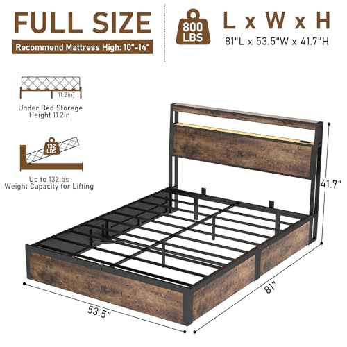 SADENICEL Queen Bed Frame with Storage Headboard and 4 Drawers, Metal Platform Bed Frame with LED Light, Charging Station, No Box Spring Needed, Noise Free, Easy Assembly, Vintage Brown