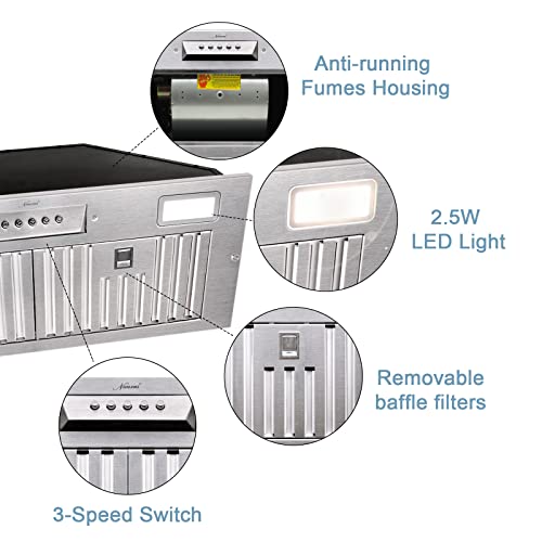 Range Hood Insert/Built-in 30 Inch,Ultra Quiet,Powelful Suction Stainless Steel Ducted Kitchen Vent Hood with LED Lights and Dishwasher Safe Filters, 3-Speeds 600 CFM