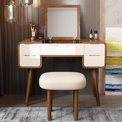 Lartis Flip Top Vanity Table Stylish Makeup Vanity with Stool, Makeup Vanity Desk, Reversible Makeup Mirror, Hidden Storage Compartment,Very Easy to Assemble,Can be Used as a Desk