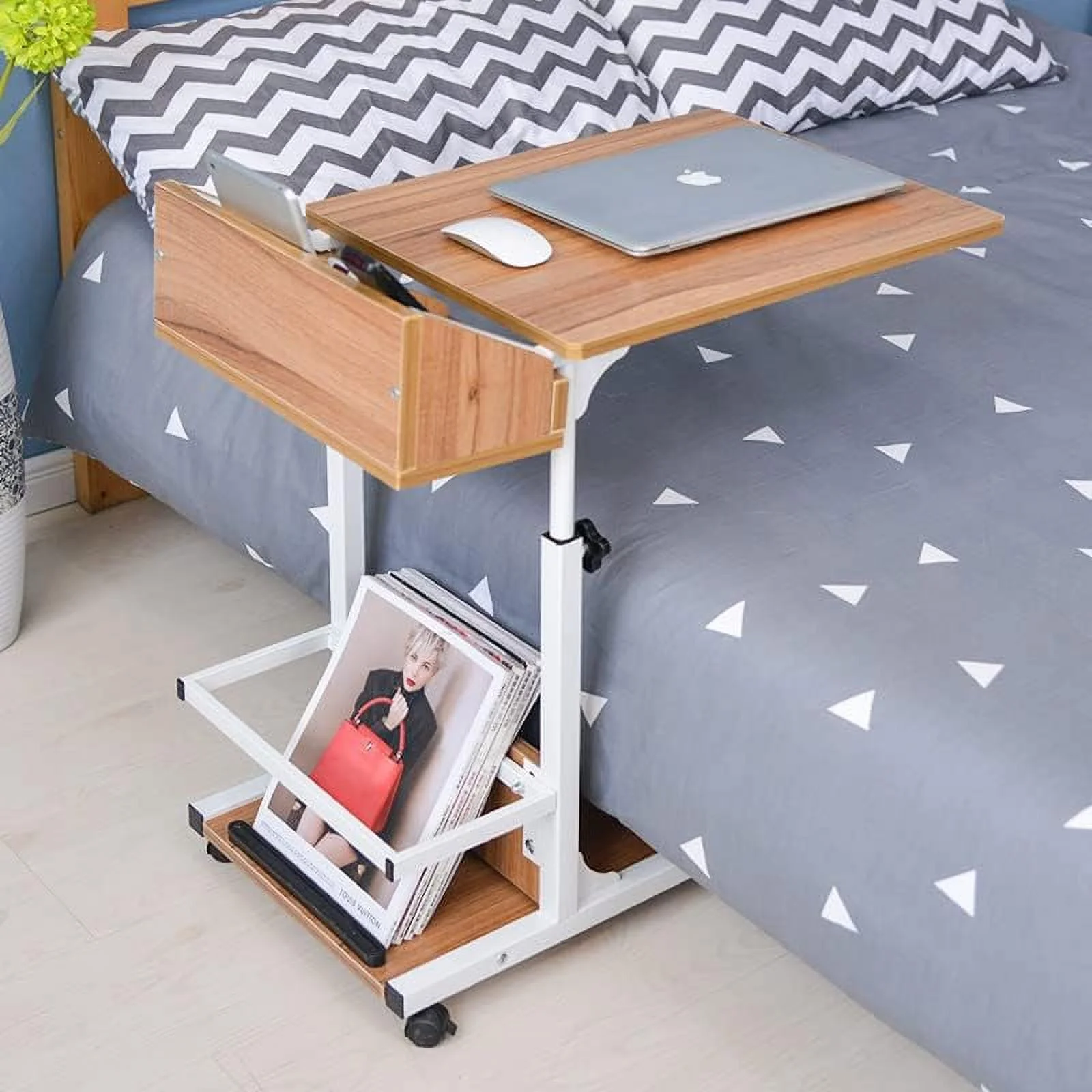 HOOMHIBIU C Shaped Table  Mobile Couch Table w/Wheels  Height Adjustable Sofa Side Table  Wooden Snack Side Table w/  Bedside Laptop Stand for Bedrooms  Study Rooms  Dormitories  Other Sm