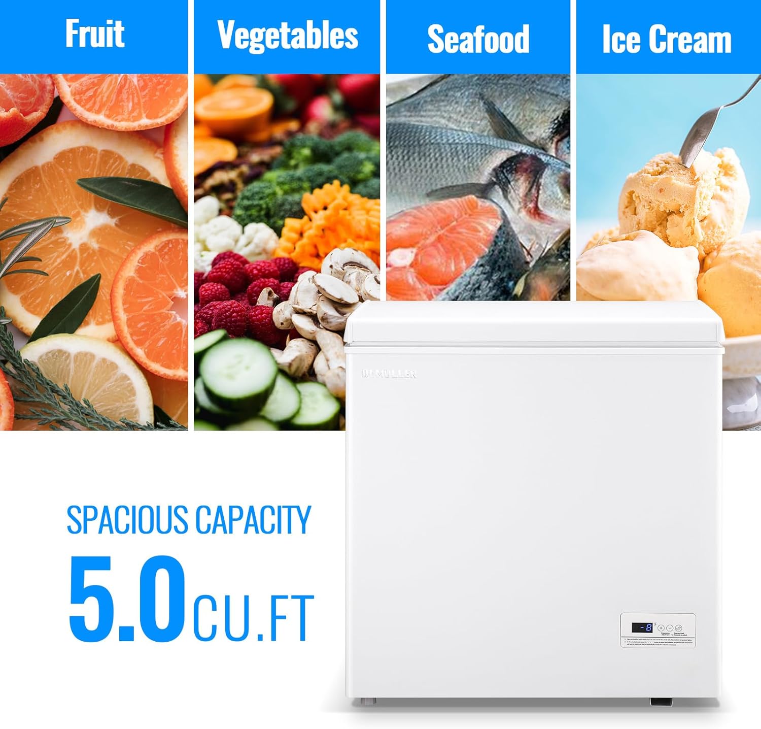 Chest Freezer 5.0 CU.FT Ultra-low Temperature Deep Freezers (Down to -12-50℉) with TWO Removable Baskets Freestanding White Small Mini Compact Fridge Freezer for Home/Kitchen/Office