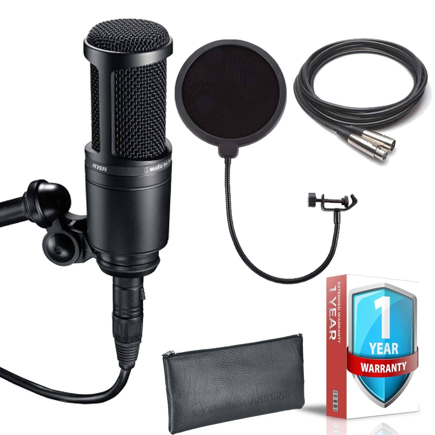 Audio-Technica AT2020 Cardioid Condenser Microphone - Includes - Pop Filter, XLR Cable, Proctective Pouch and 1 - Year Extended