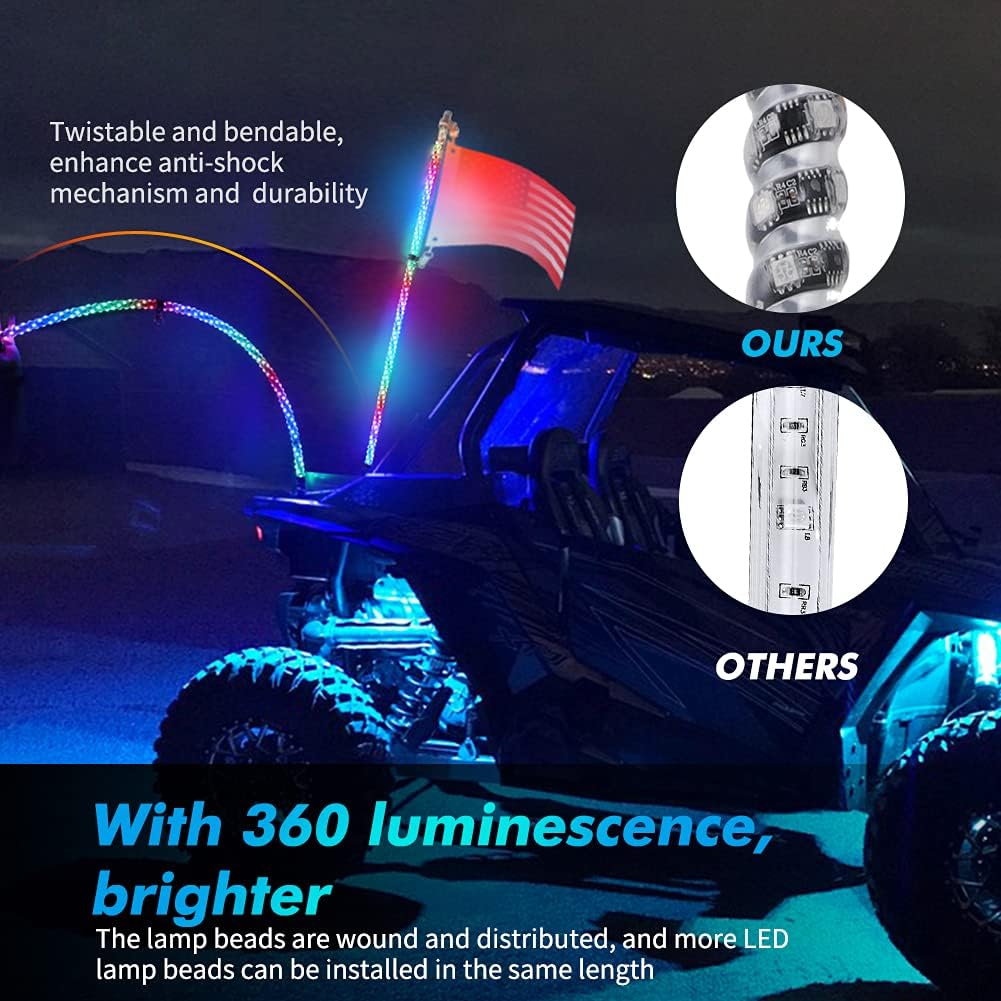 AUTOVIC Spiral LED Whip Lights, 2pcs 4FT 360° RGB Whip Light Weatherproof 300 Flash Patterns 358 Modes Chasing Light for RZR Can-Am Polaris UTV ATV Off Road Truck