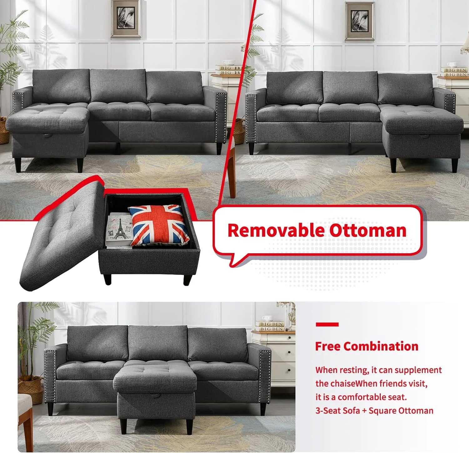 MUZZ Reversible Modular Sectional Sofa Couch Set, L Shaped 3-Seater Sleeper Sofa Bed with Movable Storage Ottoman Chaise for Living Room/Apartment/Office(Dark Grey)