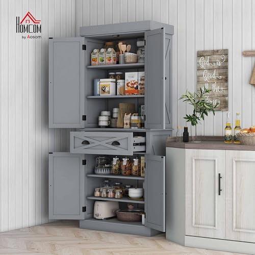 HOMCOM 72" Kitchen Pantry Storage Cabinet, Traditional Freestanding Cupboard with 4 Doors and 3 Adjustable Shelves, Large Central Drawer, X-Frame, White