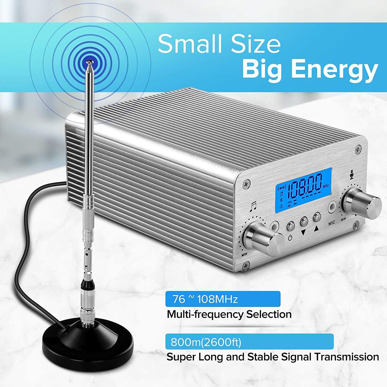 FM Transmitter for Church, APROTII 15W FM Broadcast Transmitter Long Range 1000m, Bluetooth MP3 Broadcast Radio Station 87~108MHz, FM Transmitter for Parking Lot Service, Outdoor Drive-in Movie