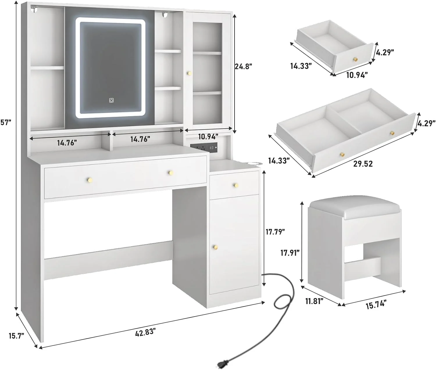 White Vanity Desk with Sliding Mirror & Lights, Vanity Table Makeup Desk with Charging Station 2 Drawers 2 Doors, Lots of Storage Shelves, Large Vanity Set with Cushioned Stool(White)