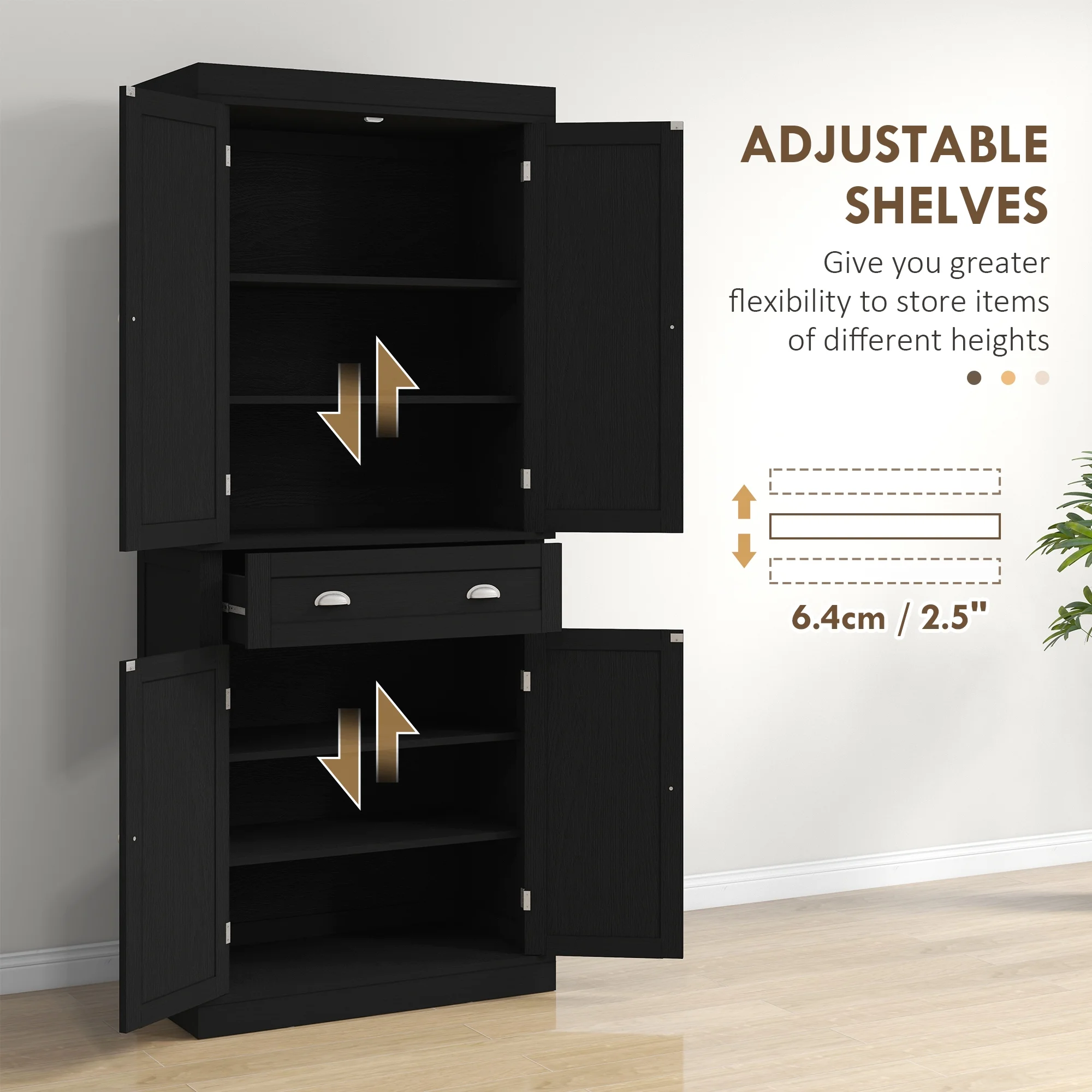 HOMCOM 72" Kitchen Pantry Cabinet with 2 Cupboards, Drawer, Black Wood Grain