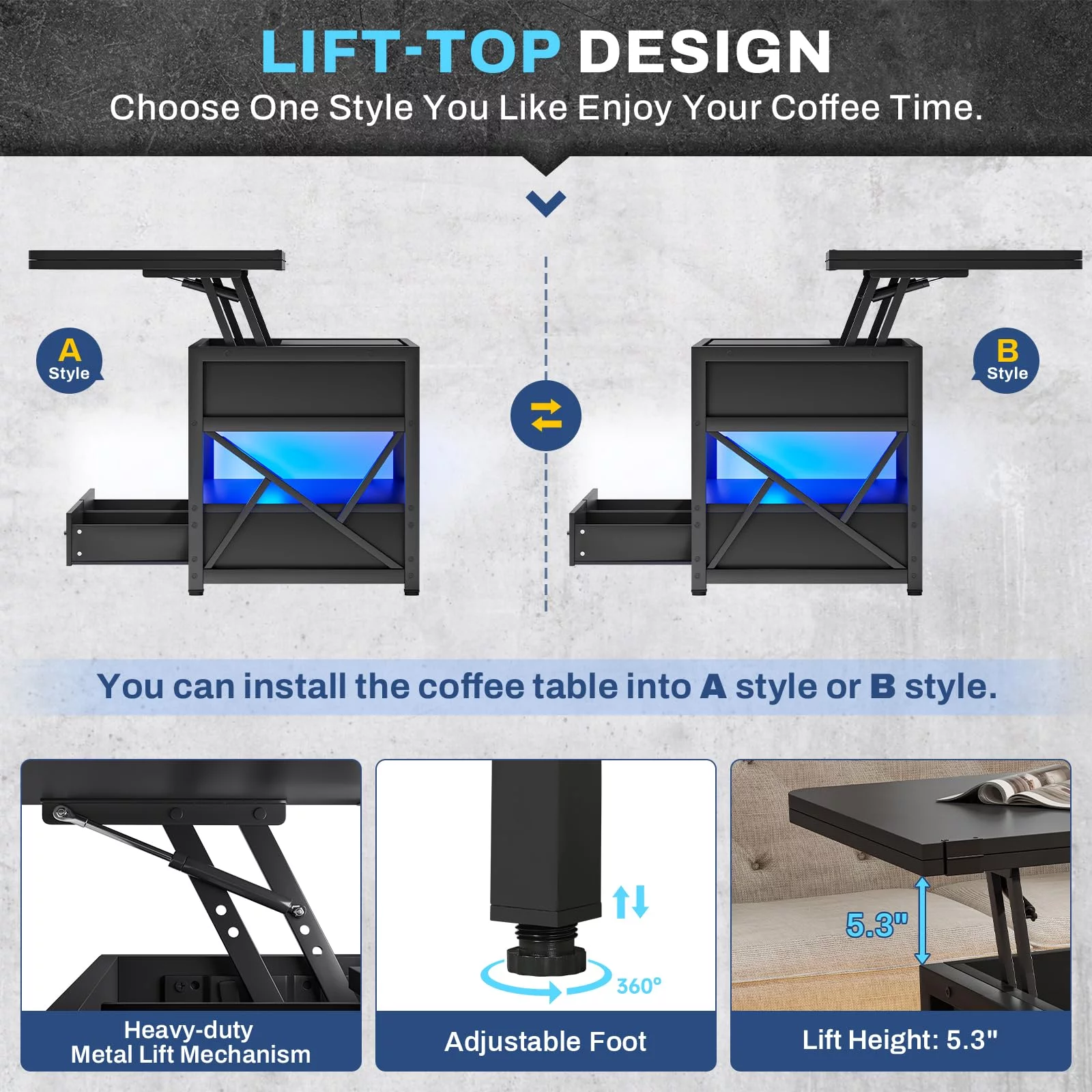 40" Lift Top Coffee Table, Farmhouse Coffee Table with 2 Drawers and LED Light, Black