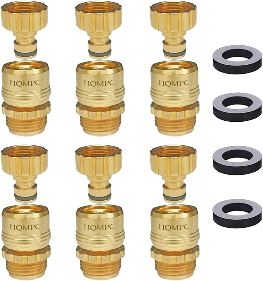 HQMPC Garden Hose Quick Connect Lead Free Solid Brass Quick Connector Garden Hose Fitting Water Hose Connectors 3/4 inch GHT (6SETS) Pack of 2