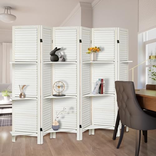 Room Divider with Shelves, Privacy Screen, Room Dividers and Folding Privacy Screens, 5 Panel Wood Temporary Wall Partition Separation Separator, Coconut