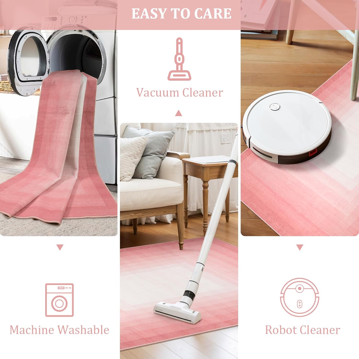 OJIA Pink Washable Rugs 8x10 Large Area Rugs for Living Room, Soft Non Slip Contemporary Neutral Rugs for Bedroom Girls, Modern Non-Shedding Thin Carpet for Under Dining Table Nursery Home Office