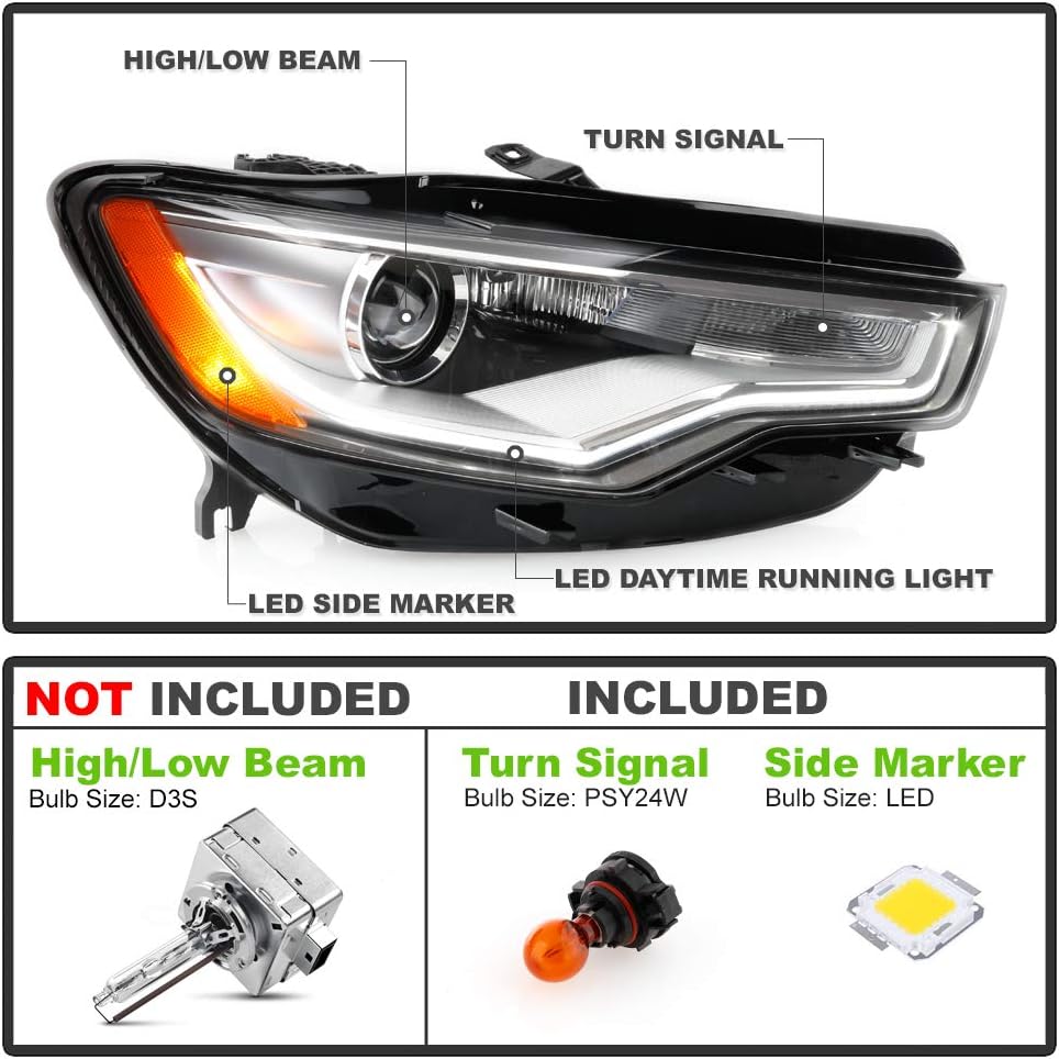 ACANII - For [HID/Xenon w/o AFS Model] 2012-2015 Audi A6 S6 LED DRL Projector Headlight Headlamp Assembly Passenger Side