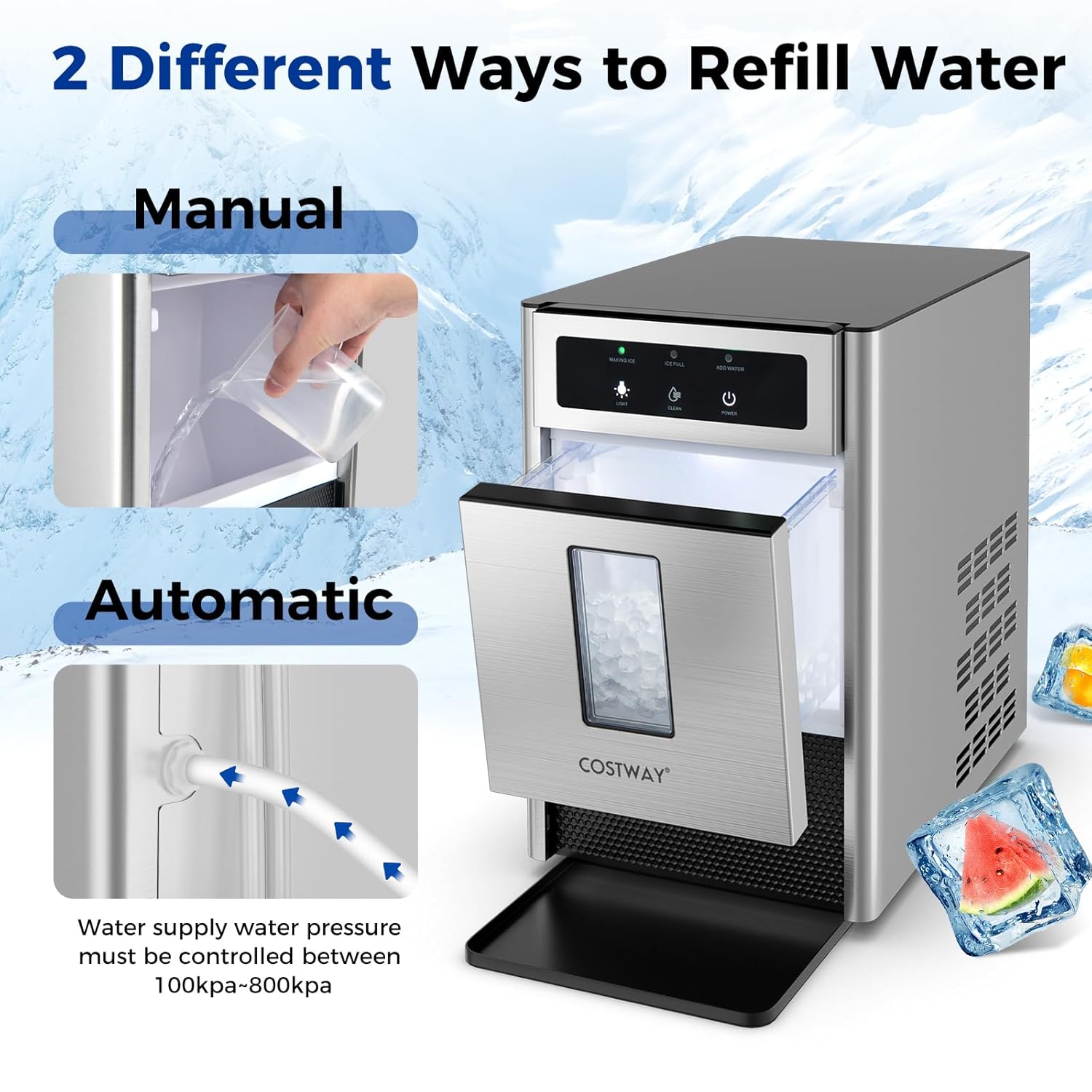 COSTWAY Nugget Ice Maker Countertop, 40 Lbs/24H Soft Ice, Pebble Ice Maker with Self-Cleaning Function, LED Light, Manual and Auto Water Refill, Stainless Steel Ice Maker for Home Bar Party Office