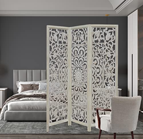 Room Divider Wood Screen - Ghanti Bells Antique Brown - 4 Panel Folding 72 x 80 - Assembled Hand Carved Decorative Functional Versatile Portable Partition Reversible Privacy Boho - COTTON CRAFT