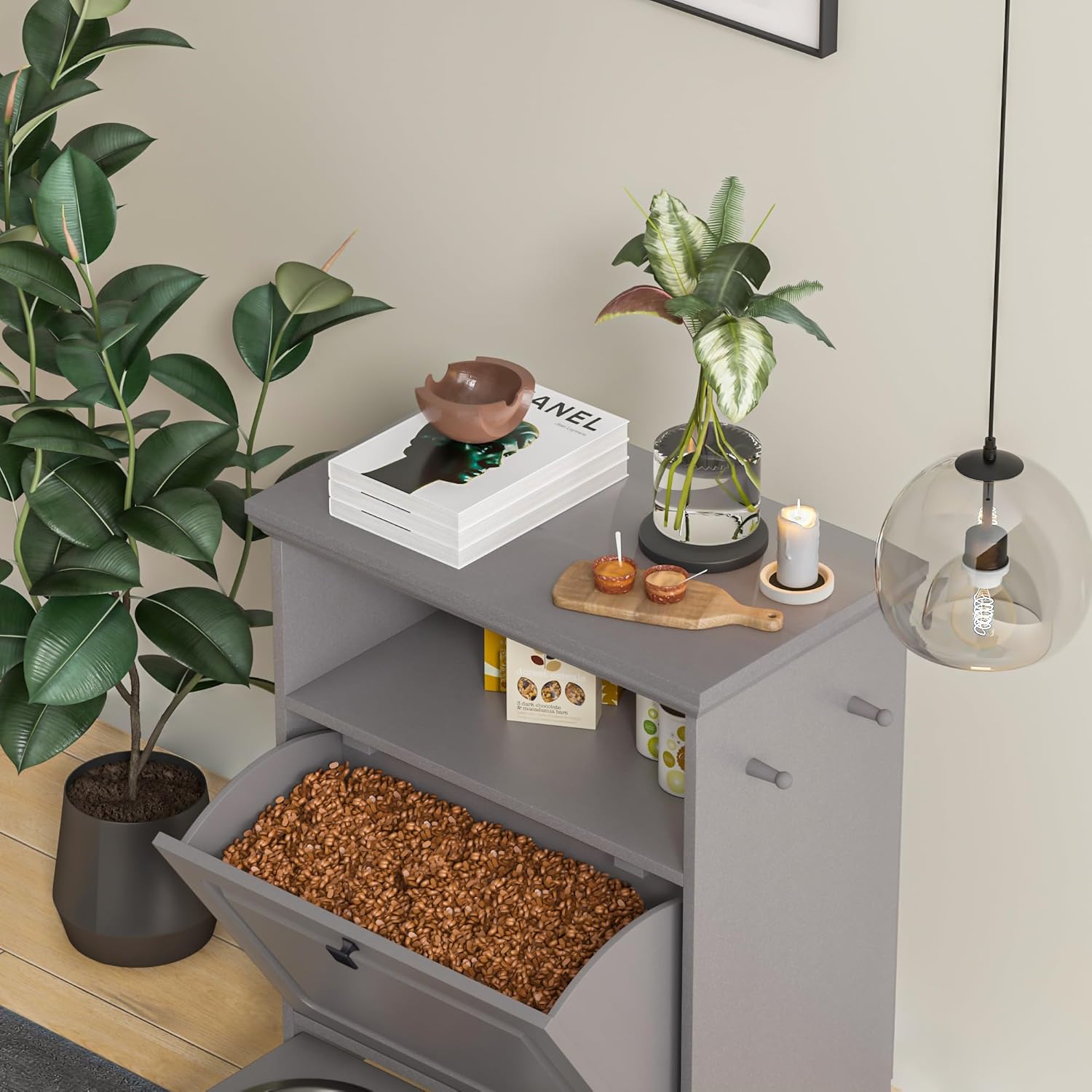 Roomfitters Modern Dog Feeder Station Furniture with 2 Raised Dog Bowls, Dog Food Storage Container, Pull Out Pet Food Cabinet, Dark Gray